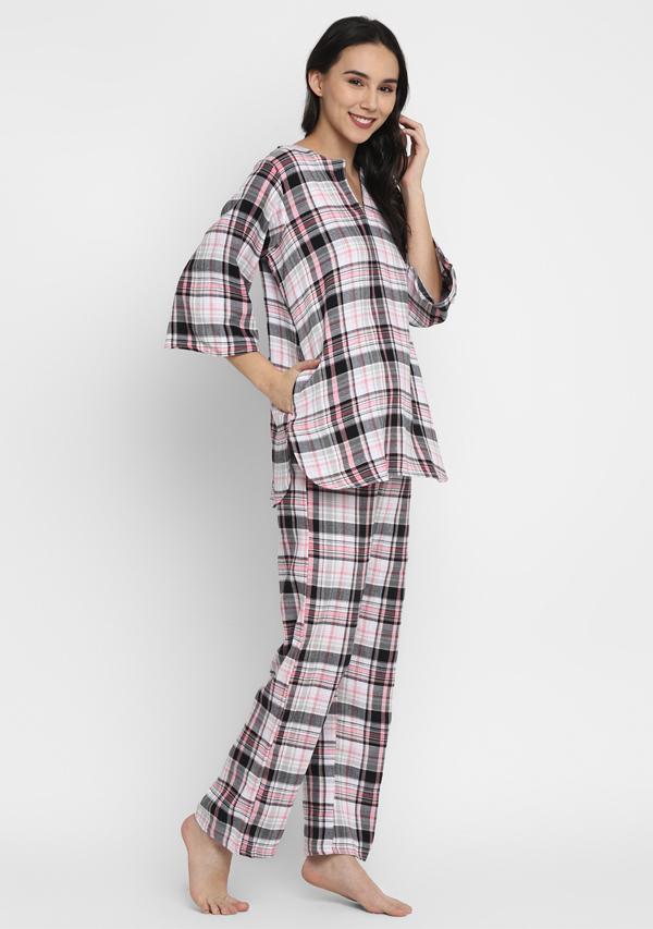 Flannel Pink Grey Check Night Suit - unidra.myshopify.com