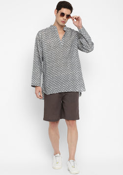 Grey Ivory Hand Block Flower Motif Printed Cotton Shirt and Shorts For Men
