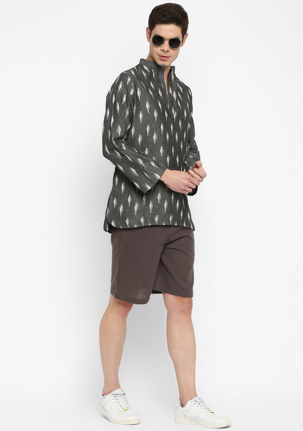 Grey Ivory Ikat Weave Cotton Shirt and Shorts For Men