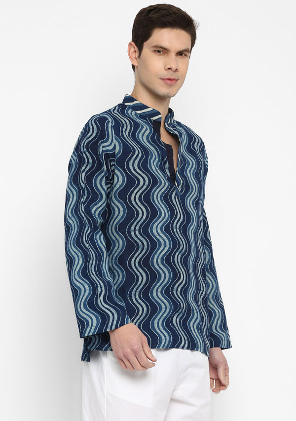 Indigo Ivory Hand Block Printed Cotton Shirt and Pyjamas For Men