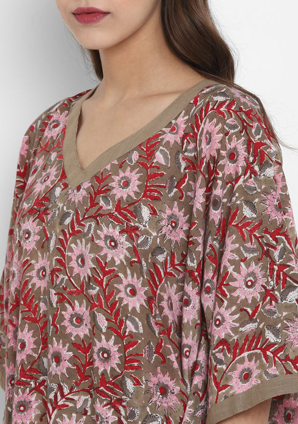 Khaki Red and Pink Hand Block Printed Floral V-Neck Cotton Kaftan - unidra.myshopify.com