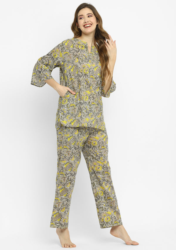 Grey Yellow Hand Block Floral Printed Cotton Night Suit