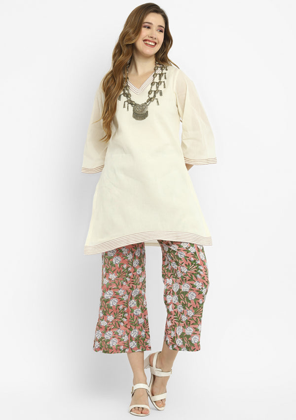Ivory Mulmul Kurta With Contrast Stitch Lines Paired with Colourful Hand Block Printed Pants/Slip