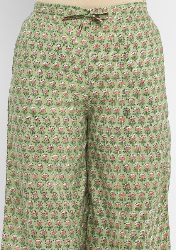 Olive Green Pink Floral Hand Block Printed Sleeveless Cotton Co-Ord Set with Pants