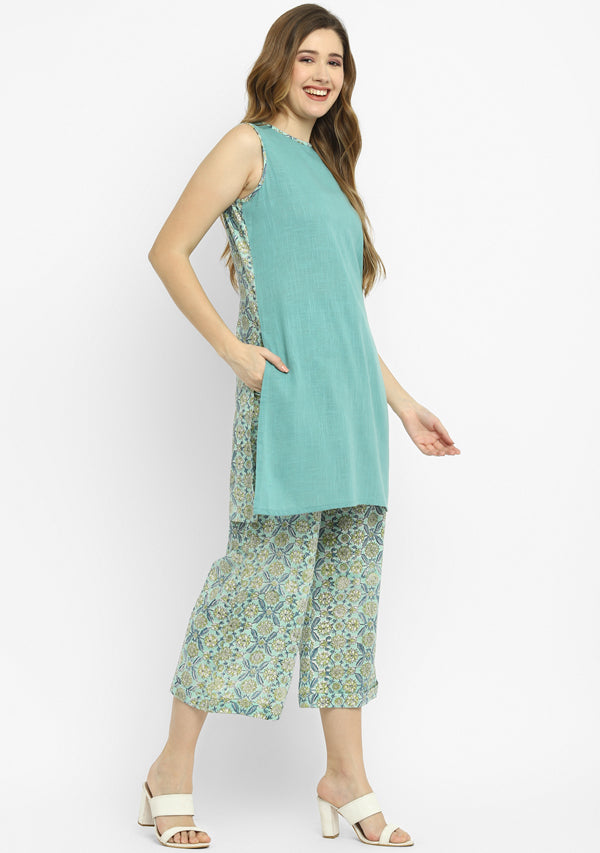 Aqua Green Yellow Floral Hand Block Printed Sleeveless Cotton Co-Ord Set with Pants