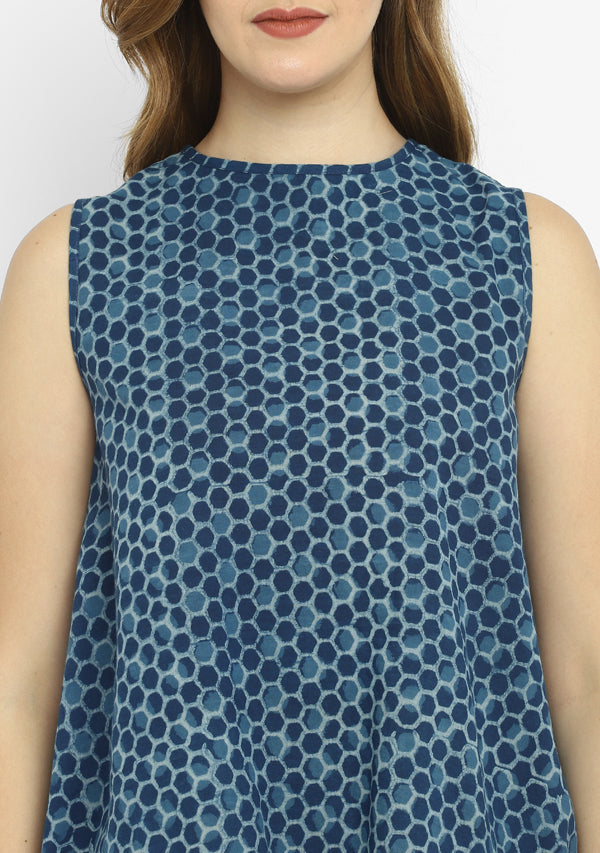 Indigo Ivory Hand Block Printed Sleeveless Cotton Top with Mid Length Flared Pants