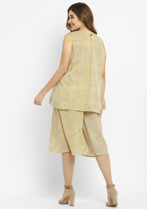 Yellow Black Hand Block Printed Striped Sleeveless Cotton Top with Mid Length Flared Pants
