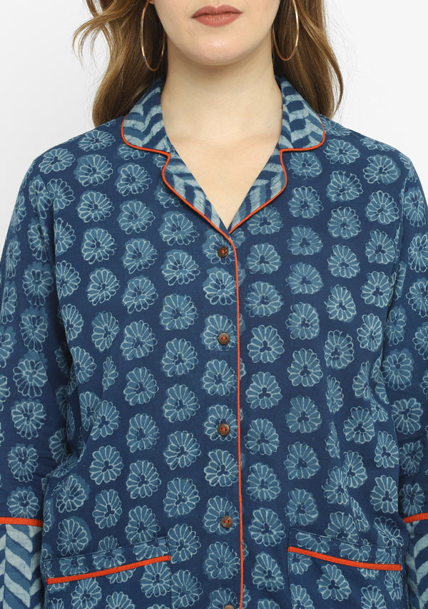 Indigo Ivory Hand Block Flower Motif Printed Notch Collar Co-ord Set with Rust Piping