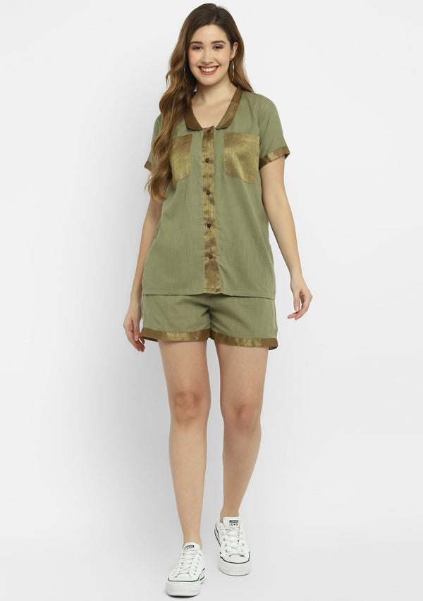 Luxe Olive Green Cotton Co-ord Set with a Touch Of Bronze
