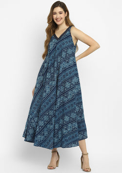 Indigo Ivory Hand Block Floral Printed Sleeveless Long Cotton Dress with Silver Trimmings