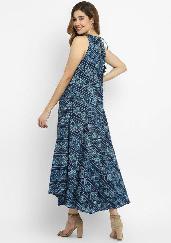 Indigo Ivory Hand Block Floral Printed Sleeveless Long Cotton Dress with Silver Trimmings