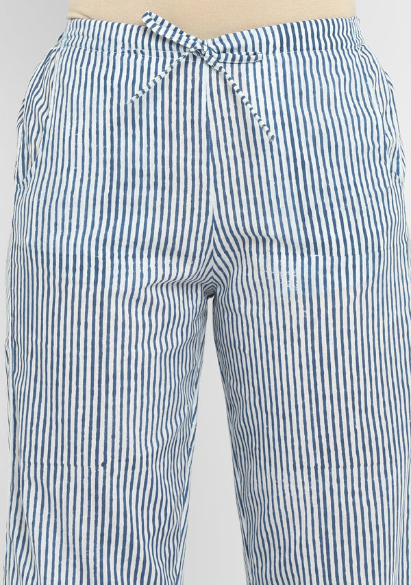 Indigo Ivory Hand Block Printed Asymmetric Cotton Kurta Paired with Pants