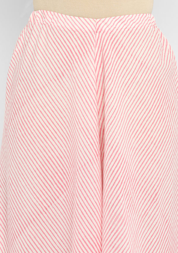 Pink White Hand Block Printed Striped Sleeveless Cotton Top with Mid Length Flared Pants