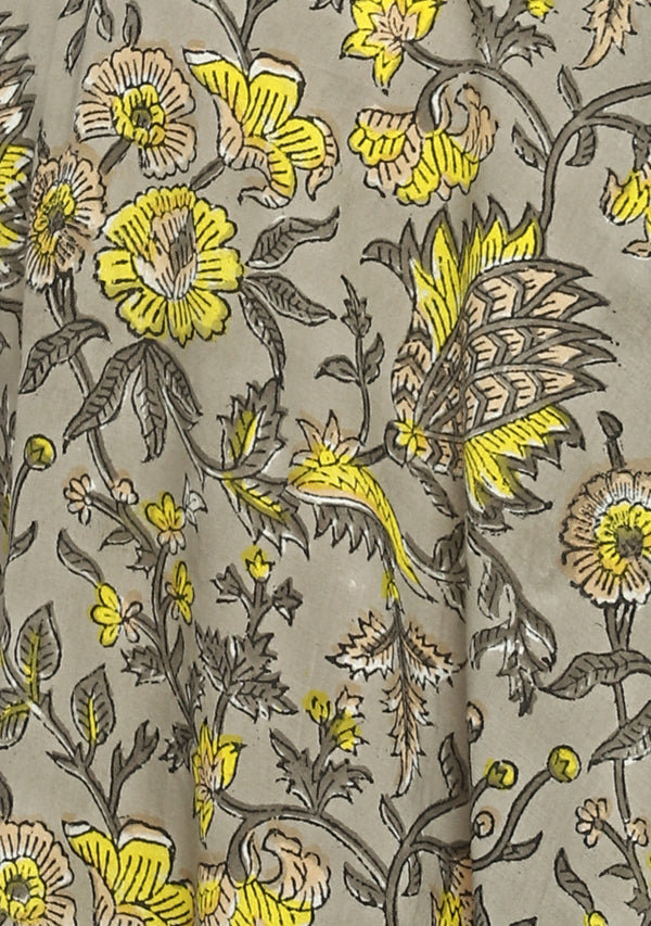 Grey Yellow Floral Hand Block Printed V-Neck Cotton Kaftan