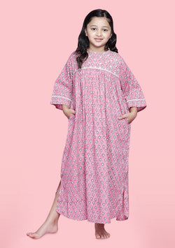 Pink Grey Flower Motif Hand Block Printed Cotton Nighty Dress With Trimmings For Kids - unidra.myshopify.com