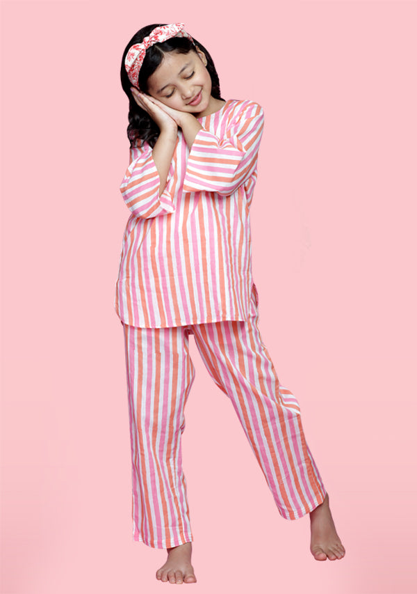 Peach Pink Striped Hand Block Printed Cotton Night Suit for Kids - unidra.myshopify.com