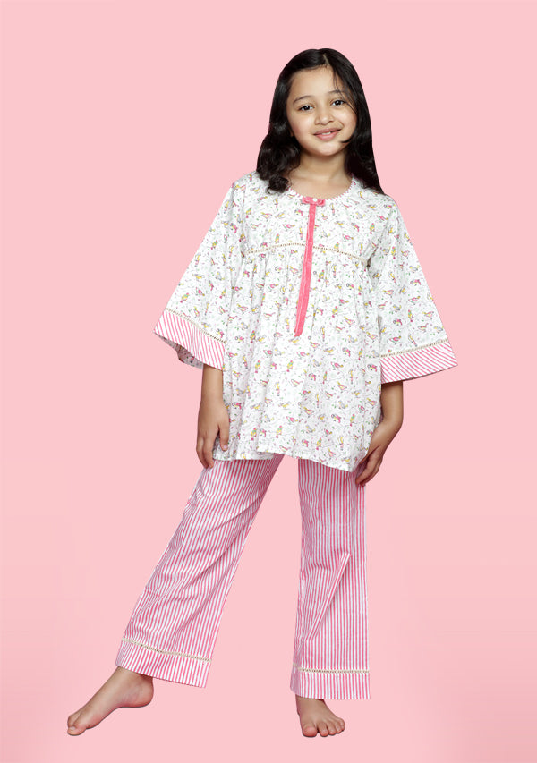 White Pink Bird Motif Cotton Night Suit With Lace Trimmings and Striped Pyjamas For Kids - unidra.myshopify.com