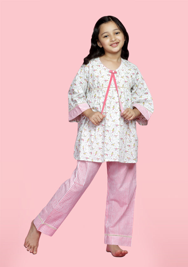 White Pink Bird Motif Cotton Night Suit With Lace Trimmings and Striped Pyjamas For Kids - unidra.myshopify.com