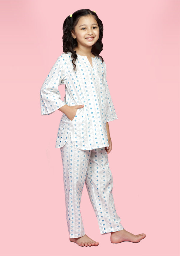 Ivory Grey Blue Hand Block Printed Cotton Night Suit for Kids - unidra.myshopify.com
