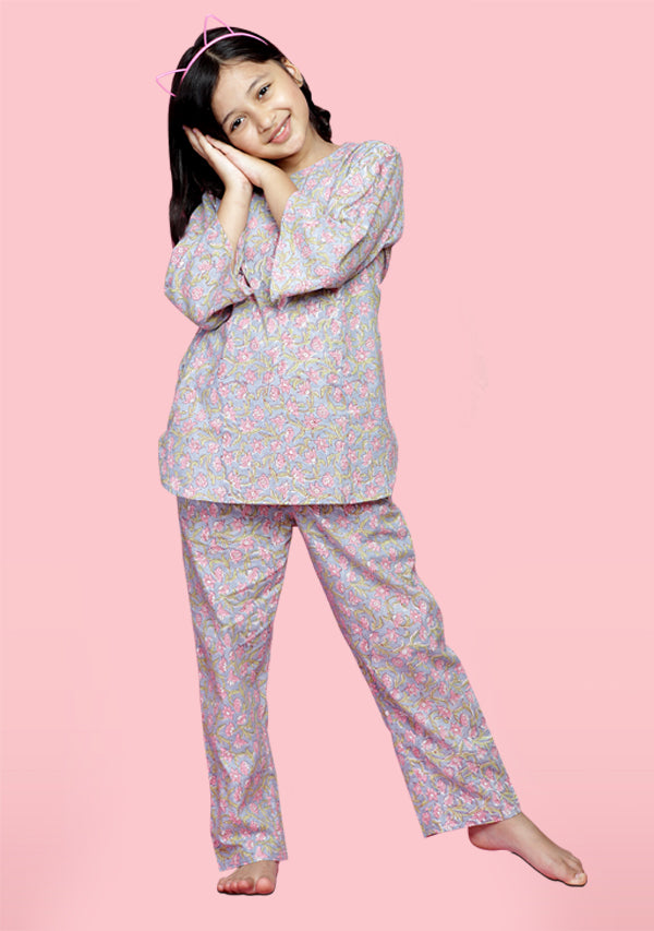 Grey Pink Floral Hand Block Printed Cotton Night Suit for Kids - unidra.myshopify.com