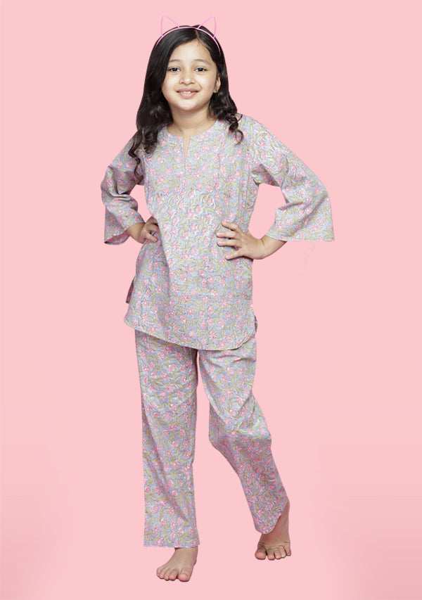 Grey Pink Floral Hand Block Printed Cotton Night Suit for Kids - unidra.myshopify.com