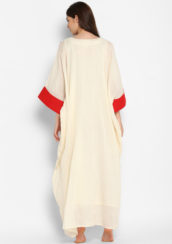 Off White And Red Mulmul Kaftan With Cuff Sleeves And Contrast Trimmings with Slip