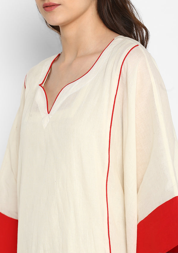 Off White And Red Mulmul Kaftan With Cuff Sleeves And Contrast Trimmings with Slip