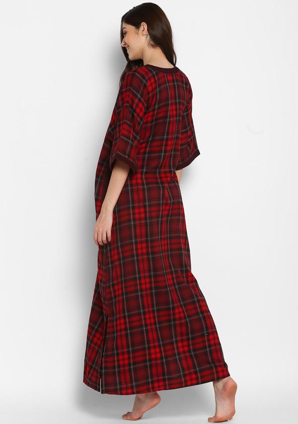 Flannel Red Black Checked Nighty Kaftan with Stitch Lines