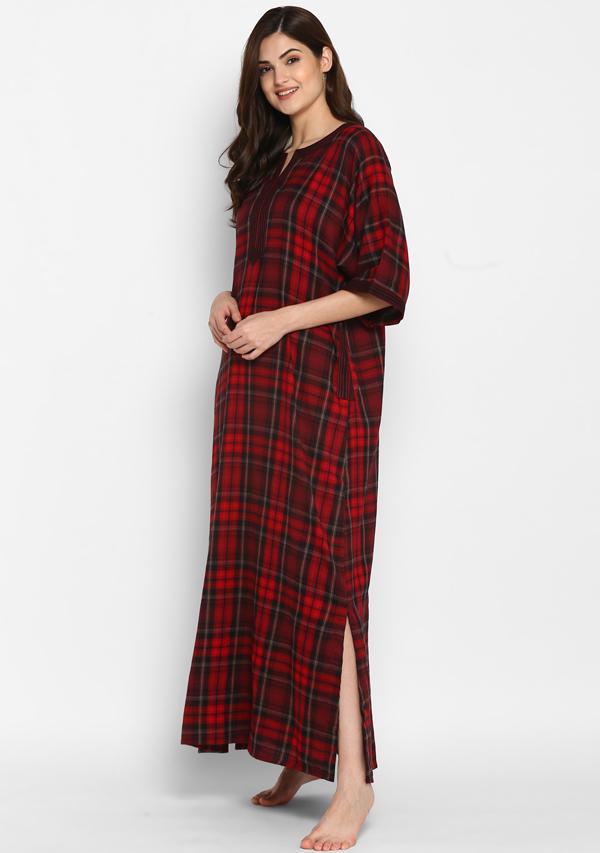 Flannel Red Black Checked Nighty Kaftan with Stitch Lines