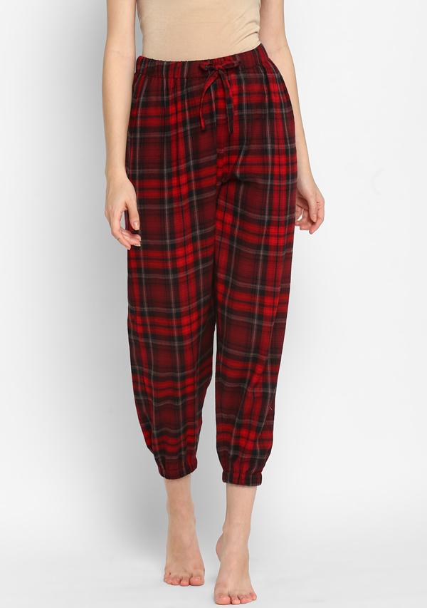 Flannel Red Black Checked Jogger Pants with Black Cotton Top