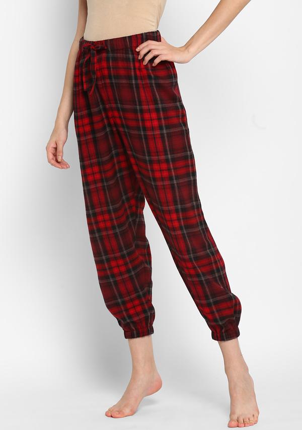Flannel Red Black Checked Jogger Pants with Black Cotton Top
