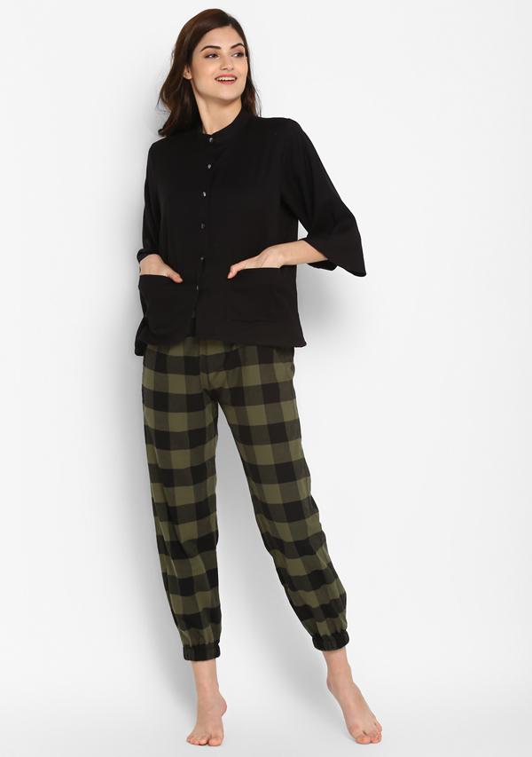 Flannel Green Black Checked  Jogger Pants with Black Cotton Top