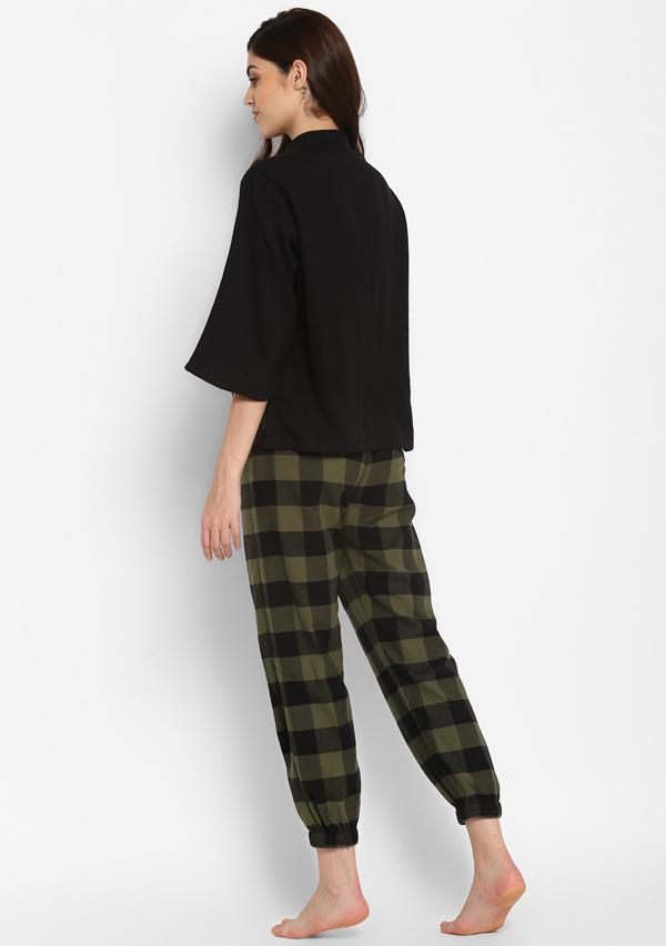 Flannel Green Black Checked  Jogger Pants with Black Cotton Top