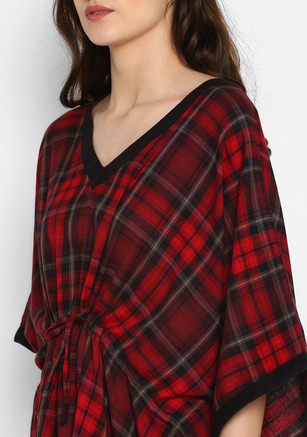 Flannel Red Black Checked Short Kaftan With Pyjamas