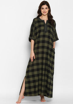 Flannel Green Black Checked Nighty Kaftan with Stitch Lines