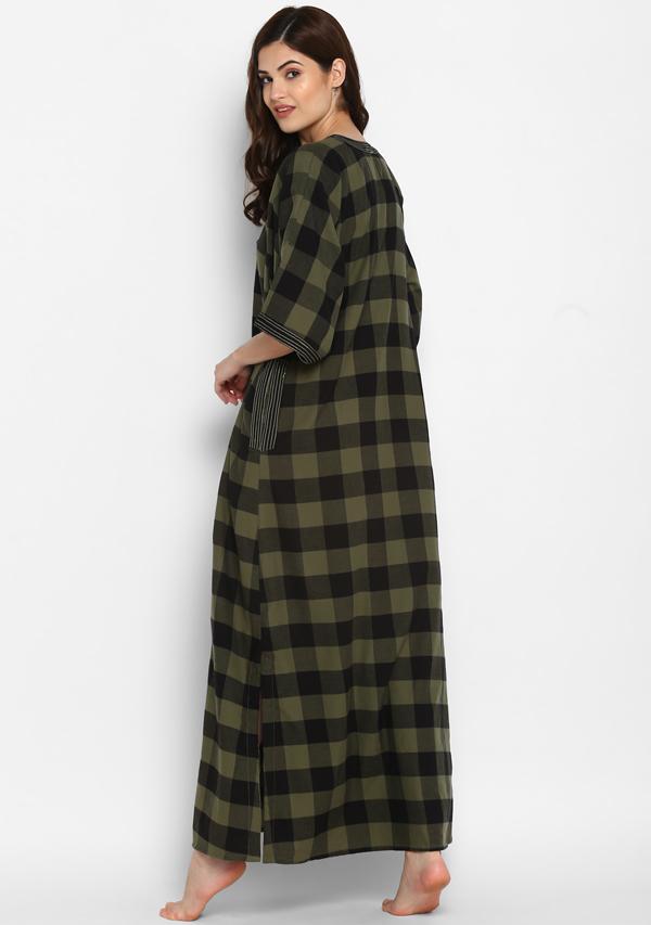 Flannel Green Black Checked Nighty Kaftan with Stitch Lines