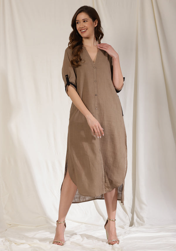 Brown Front Open Cotton Shirt Dress with Wooden Buttons and Contrast Trimmings