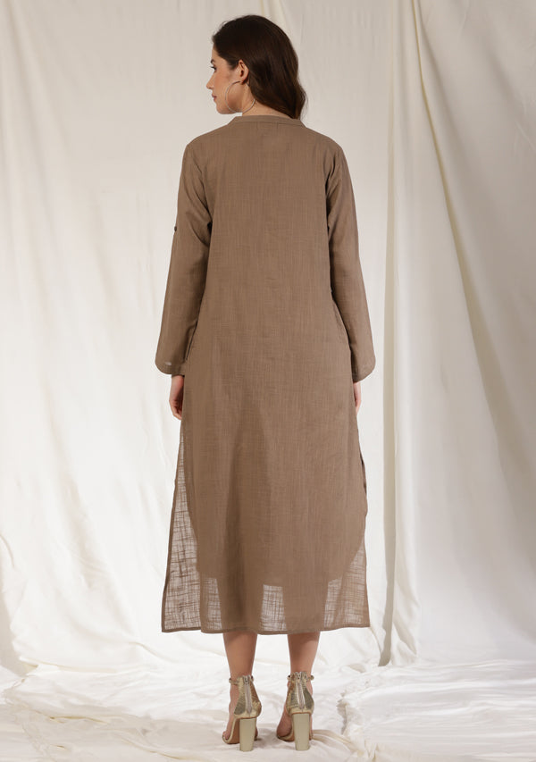 Brown Front Open Cotton Shirt Dress with Wooden Buttons and Contrast Trimmings