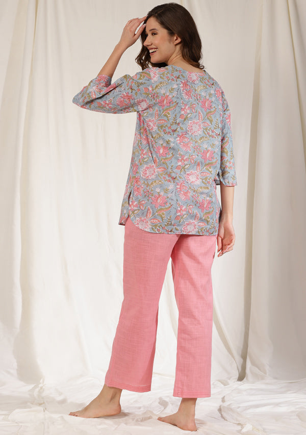 Blue Pink Floral Hand Block Printed Cotton Night Suit