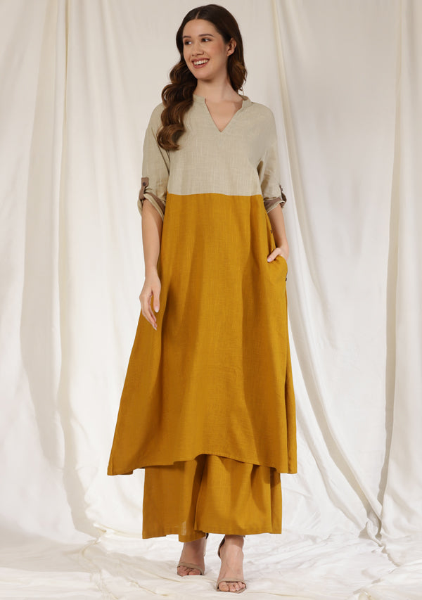Mustard Cotton Co-ord Set with Beige Yoke Black and Contrast Trimmings ...