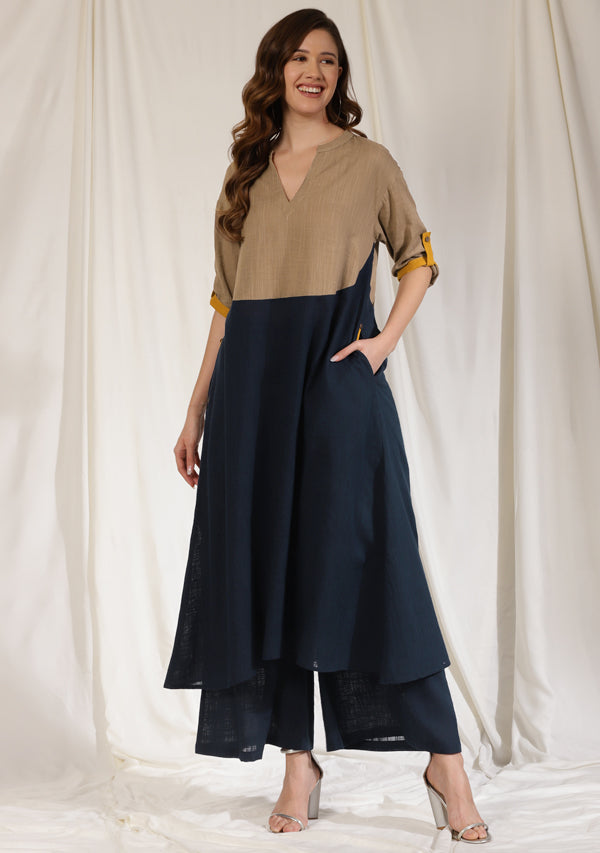 Navy Blue Cotton Co-ord Set with Brown Yoke Black and Contrast Trimmings