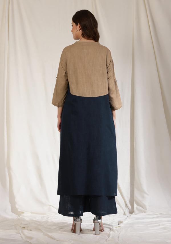Navy Blue Cotton Co-ord Set with Brown Yoke and Contrast Trimmings