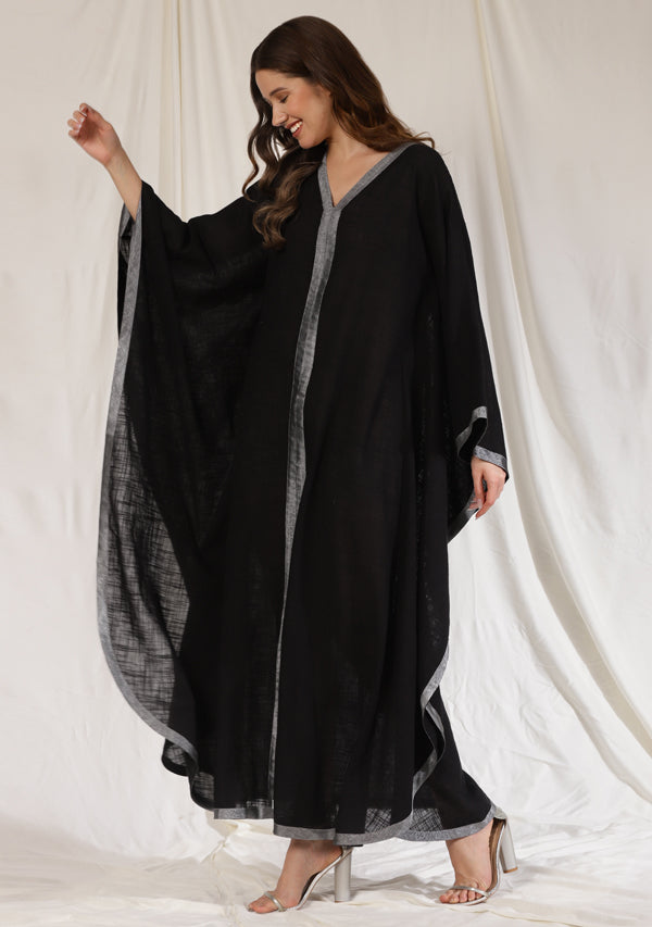 Flowy Black Cotton Kaftan with Contrast Silver Tissue Trimmings
