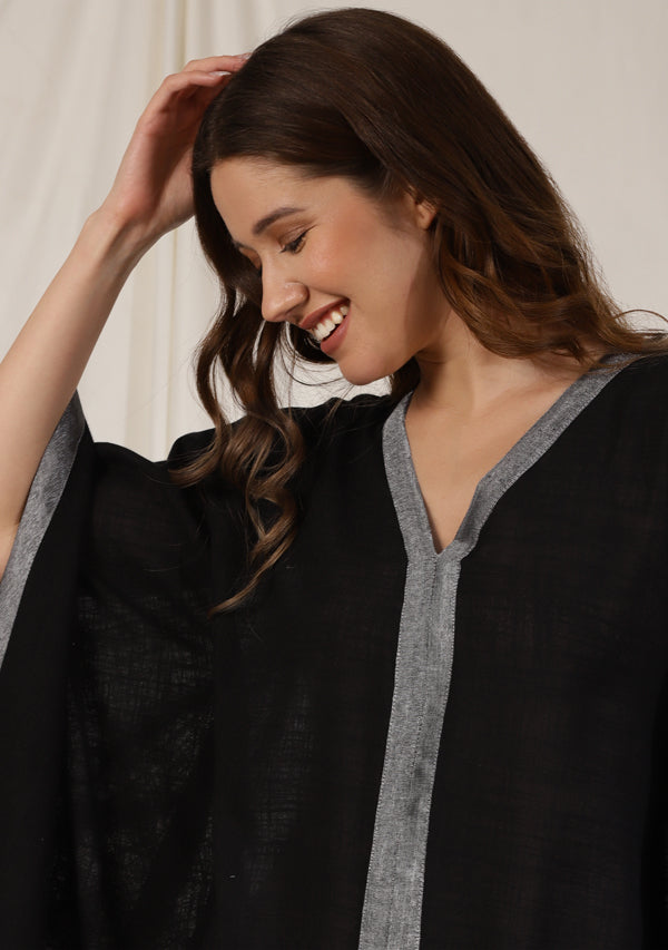 Flowy Black Cotton Kaftan with Contrast Silver Tissue Trimmings