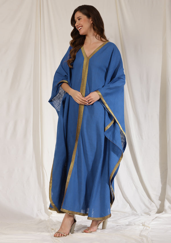 Flowy Royal Blue Cotton Kaftan with Contrast Bronze Tissue Trimmings