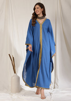 Flowy Royal Blue Cotton Kaftan with Contrast Bronze Tissue Trimmings
