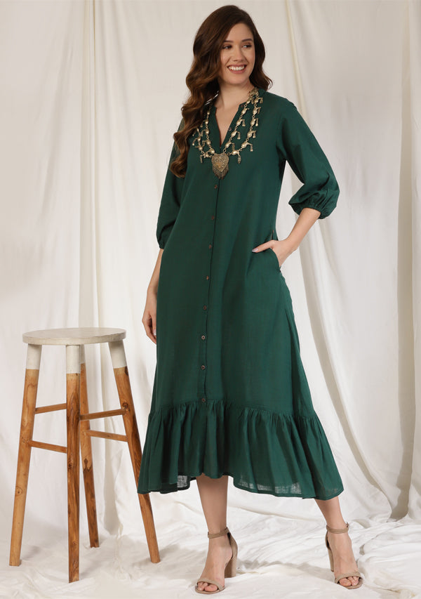 Emerald Green Long Dress with Gathered Hemline