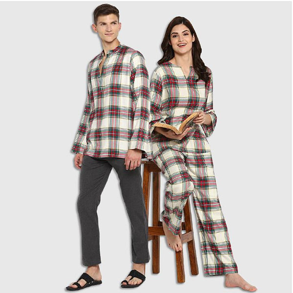 Couple's Wear - White Red Green Checked Flannel Loungewear for "HIM & HER"