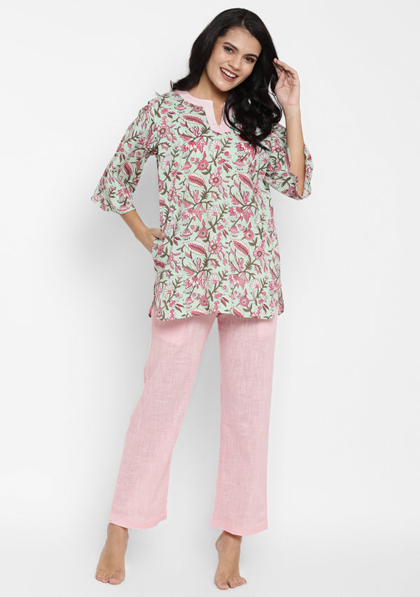 Aqua Pink Floral Hand Block Printed Cotton Night Suit - unidra.myshopify.com