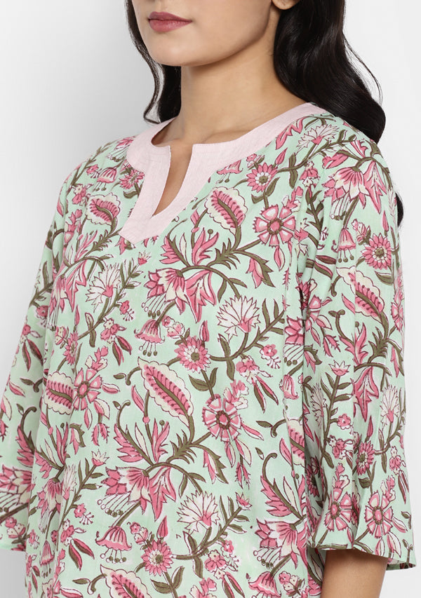 Aqua Pink Floral Hand Block Printed Cotton Night Suit - unidra.myshopify.com
